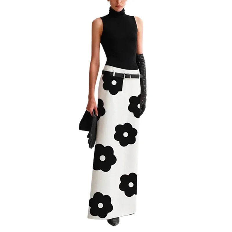 Bohohipei Women British Style Floral Printed Split-Back Elegant Skirts