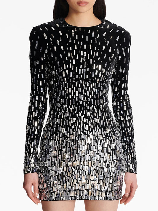 Women's Long Sleeve Luxurious Sequined Crystal Beaded Velvet Mini Dress