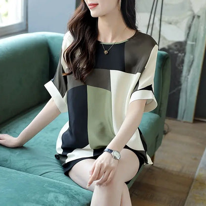 Temperament Summer Women's Round Neck with Geometric Patchwork