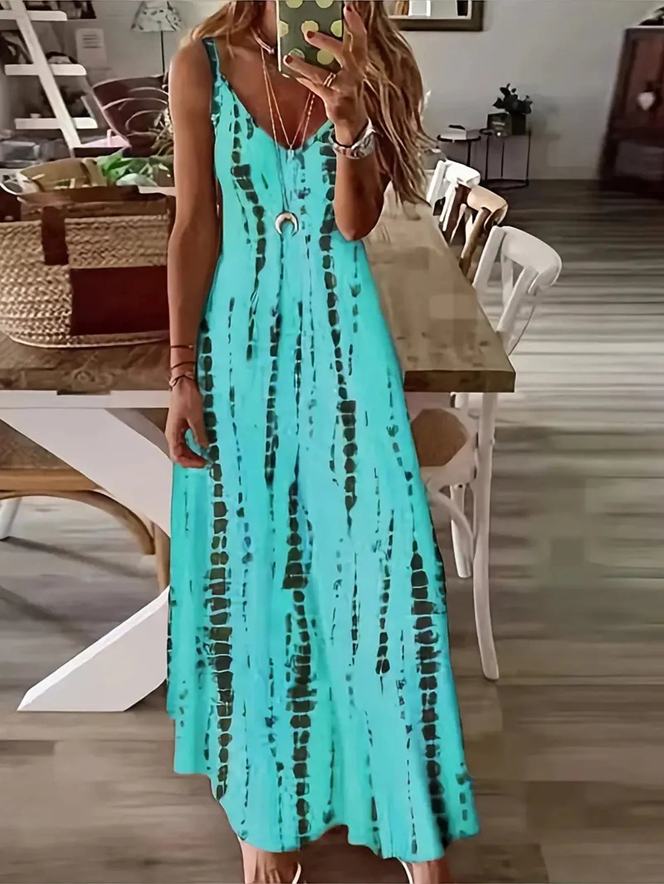 Casual Loose V-neck Tie Dye Printed Spaghetti Maxi Dress