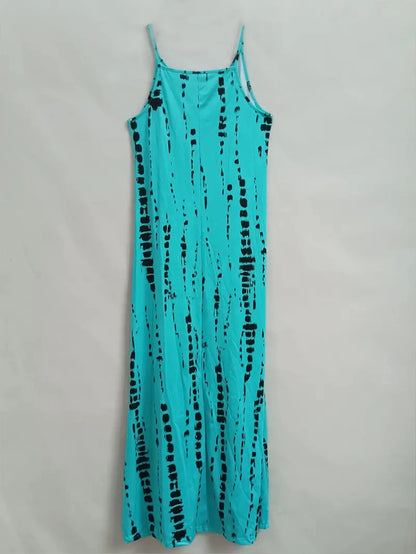 Casual Loose V-neck Tie Dye Printed Spaghetti Maxi Dress