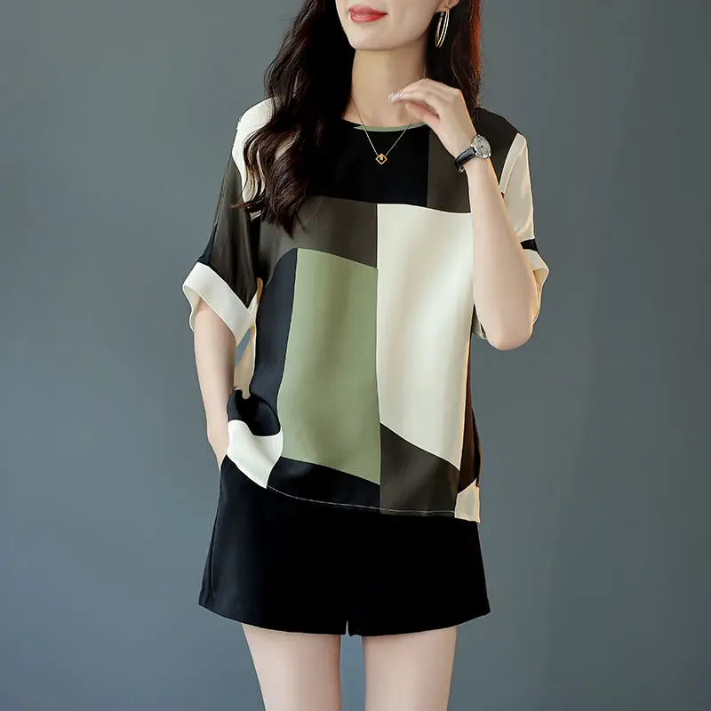 Temperament Summer Women's Round Neck with Geometric Patchwork