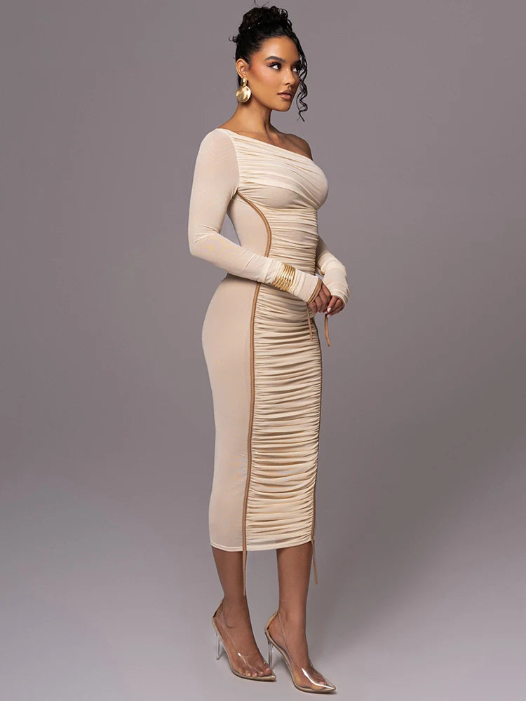 Mozision Diagonal Collar Long Sleeve Midi Dress For Women