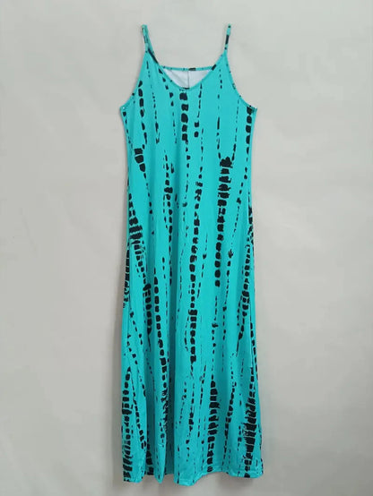 Casual Loose V-neck Tie Dye Printed Spaghetti Maxi Dress